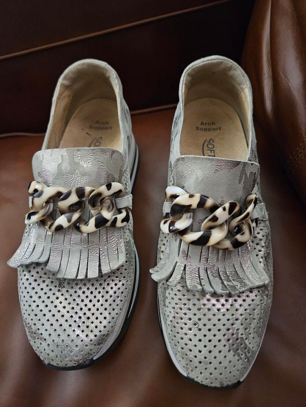 Softwaves Size 37 Metallic Camo Slip-on Platform Loafers Chain Fringe - Picture 4 of 9